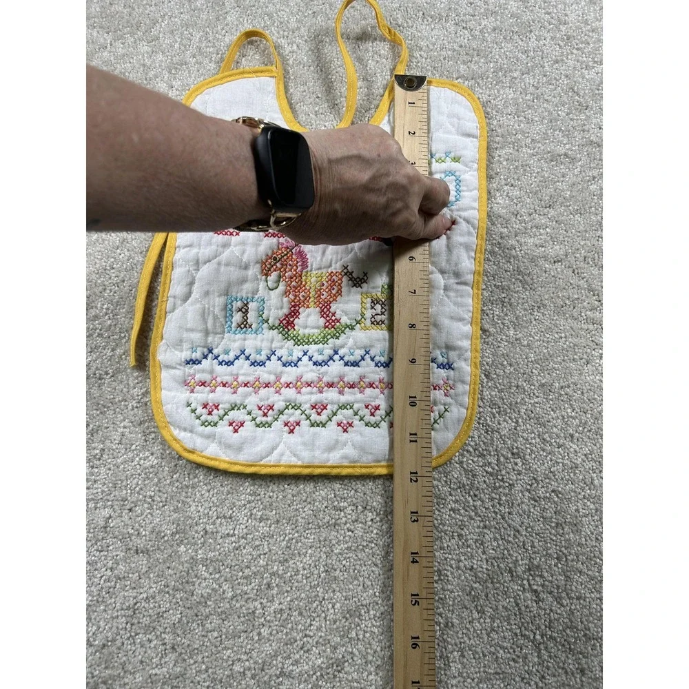 Vintage Hand Embroidered Baby Bib Cross Stitch Numbers Rocking Horse Quilted Bib